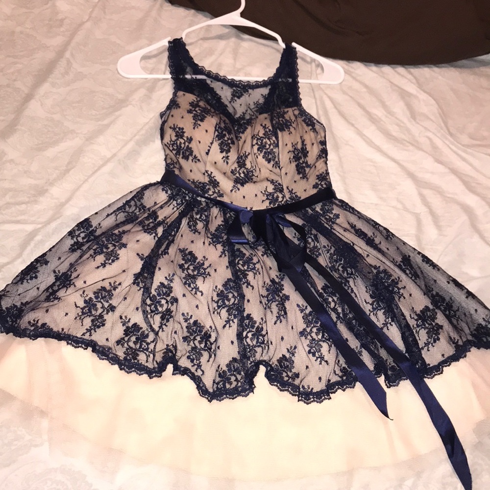Nude/blue lace homecoming dress